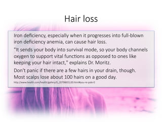 Hair loss
Iron deﬁciency, especially when it progresses into full-blown
iron deﬁciency anemia, can cause hair loss. 
"It sends your body into survival mode, so your body channels
oxygen to support vital func6ons as opposed to ones like
keeping your hair intact," explains Dr. Moritz. 
Don't panic if there are a few hairs in your drain, though.
Most scalps lose about 100 hairs on a good day.
hGp://www.health.com/health/gallery/0,,20798655,00.html#you-re-pale-0

 