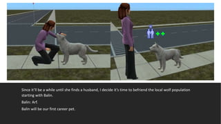 Since it’ll be a while until she finds a husband, I decide it’s time to befriend the local wolf population
starting with Balin.
Balin: Arf.
Balin will be our first career pet.
 