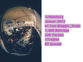 ://Hamburg
Januar 2013
61 Iron Blogger_innen
1.400 Beiträge
320 Tacken
1Treffen
85 Spende
 