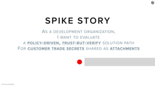 @ironcorelabs
SPIKE STORY
AS A DEVELOPMENT ORGANIZATION,
I WANT TO EVALUATE
A POLICY-DRIVEN, TRUST-BUT-VERIFY SOLUTION PAT...