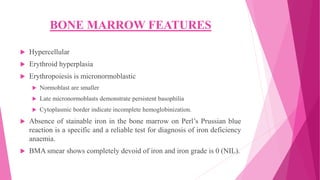 BONE MARROW FEATURES
 Hypercellular
 Erythroid hyperplasia
 Erythropoiesis is micronormoblastic
 Normoblast are smaller
 Late micronormoblasts demonstrate persistent basophilia
 Cytoplasmic border indicate incomplete hemoglobinization.
 Absence of stainable iron in the bone marrow on Perl’s Prussian blue
reaction is a specific and a reliable test for diagnosis of iron deficiency
anaemia.
 BMA smear shows completely devoid of iron and iron grade is 0 (NIL).
 