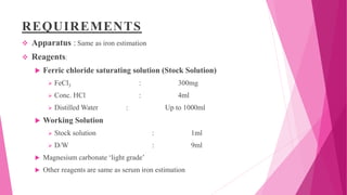 REQUIREMENTS
 Apparatus : Same as iron estimation
 Reagents:
 Ferric chloride saturating solution (Stock Solution)
 FeCl3 : 300mg
 Conc. HCl : 4ml
 Distilled Water : Up to 1000ml
 Working Solution
 Stock solution : 1ml
 D/W : 9ml
 Magnesium carbonate ‘light grade’
 Other reagents are same as serum iron estimation
 