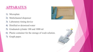 APPARATUS
1) Microplate
2) Multichannel dispenser
3) Laboratory timing device
4) Distilled or deionized water
5) Graduated cylinder 100 and 1000 ml
6) Plastic container for the storage of wash solution.
7) Graph paper.
 