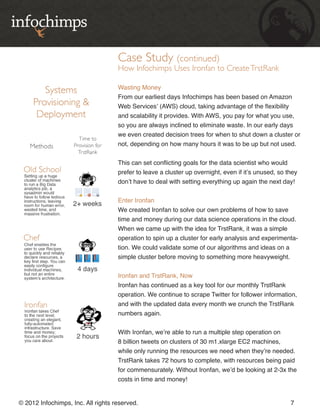 Case Study (continued)
                                    How Infochimps Uses Ironfan to Create TrstRank

                                    Wasting Money
                                    From our earliest days Infochimps has been based on Amazon
                                    Web Services’ (AWS) cloud, taking advantage of the flexibility
                                    and scalability it provides. With AWS, you pay for what you use,
                                    so you are always inclined to eliminate waste. In our early days
                                    we even created decision trees for when to shut down a cluster or
                                    not, depending on how many hours it was to be up but not used.


                                    This can set conflicting goals for the data scientist who would
                                    prefer to leave a cluster up overnight, even if it’s unused, so they
                                    don’t have to deal with setting everything up again the next day!


                                    Enter Ironfan
                                    We created Ironfan to solve our own problems of how to save
                                    time and money during our data science operations in the cloud.
                                    When we came up with the idea for TrstRank, it was a simple
                                    operation to spin up a cluster for early analysis and experimenta-
                                    tion. We could validate some of our algorithms and ideas on a
                                    simple cluster before moving to something more heavyweight.


                                    Ironfan and TrstRank, Now
                                    Ironfan has continued as a key tool for our monthly TrstRank
                                    operation. We continue to scrape Twitter for follower information,
                                    and with the updated data every month we crunch the TrstRank
                                    numbers again.


                                    With Ironfan, we’re able to run a multiple step operation on
                                    8 billion tweets on clusters of 30 m1.xlarge EC2 machines,
                                    while only running the resources we need when they’re needed.
                                    TrstRank takes 72 hours to complete, with resources being paid
                                    for commensurately. Without Ironfan, we’d be looking at 2-3x the
                                    costs in time and money!


© 2012 Infochimps, Inc. All rights reserved.                                                         7
 
