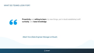 Proactivity and willing to learn, try new things, put in doubt established stuff,
curiosity, and base knowledge.
Albert Vico (Data Engineer Manager at Stuart)
WHAT DO TEAMS LOOK FOR?
 