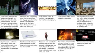 IronHeart: The New
Dawn
Close up shot of Tony Stark's
grave on a rainy night. Jim
Rhodes stands looking at the
grave then walks away with
the camera panning round to
his suit, standing idle next to a
tree which he then takes off in
as the camera fades to black.
The camera then cuts panning
out to show Riri Williams in a
dark dingy garage with most of
the light coming from the
welder in her hand which
shows the broken remains of
one of Tony Starks suits.
It cuts to a title screen of
IronHeart: The New Dawn.
Dramatic Music starts playing.
It cuts to a shot of first person
flying past a skyscraper.
Then it quickly cuts to inside
Tony Stark's house with Pepper
Potts talking to someone in a
chair faced away from the
camera as slower more calm
music plays then pepper gets
up and walks away.
Again it cuts to a dark room
and all music almost goes
except a dull dramatic theme
in the background as Riri
uncovers a box out of a broken
wall.
Then it switches to Riri back
home opening the box and
showing the contents is an iron
man themed USB.
The camera pans around with
her swivel chair to show her
latest suit and she gets up and
inserts the USB. As soon as
that happens a bright light
shows and the dramatic music
comes back loudly.
Then a scene of an explosion and a
building on fire shows as a thud of
metalic footsteps is heard walking
away only showing a metal shoulder
of a mysterious figure as the music
slowly fades and only the flames
can be heard.
The classic marvel sound plays
and it cuts to credits and
release date.
Trailer for IronHeart: The New Dawn
 