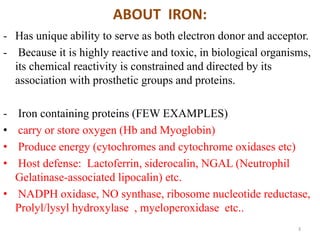ABOUT IRON:
- Has unique ability to serve as both electron donor and acceptor.
- Because it is highly reactive and toxic, in biological organisms,
its chemical reactivity is constrained and directed by its
association with prosthetic groups and proteins.
- Iron containing proteins (FEW EXAMPLES)
• carry or store oxygen (Hb and Myoglobin)
• Produce energy (cytochromes and cytochrome oxidases etc)
• Host defense: Lactoferrin, siderocalin, NGAL (Neutrophil
Gelatinase-associated lipocalin) etc.
• NADPH oxidase, NO synthase, ribosome nucleotide reductase,
Prolyl/lysyl hydroxylase , myeloperoxidase etc..
3
 