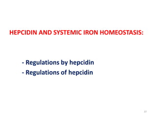 HEPCIDIN AND SYSTEMIC IRON HOMEOSTASIS:
- Regulations by hepcidin
- Regulations of hepcidin
37
 