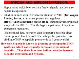 HYPOXIA AND HEPCIDIN EXPRESSION:
- Hypoxia and oxidative stress are further signals that decrease
hepcidin expression.
- Studies in mice with liver specific ablation of VHL (Von Hippel
Lindau) factor, a tumor suppressor that regulates
HIFα(Hypoxia inducing factor alpha) subunit levels, proposed
a key role for HIF1/HIF2 in the hypoxic pathway of hepcidin
expression regulation.
- Biochemical data, however, didn’t support a possible direct
transcriptional functions of HIFs on hepcidin promoter…so,
binding of HIF to hepcidin promoter is still controversial.
However, hypoxia is known to promote erythropoetin(EPO)
synthesis, which consequently decreases expression of
hepcidin…Thus there is at least indirect relation between
hepcidin expression and hypoxia.
57
 