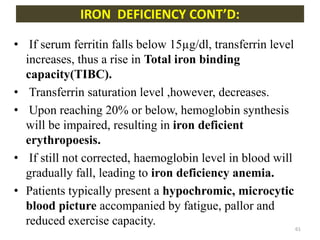 • If serum ferritin falls below 15µg/dl, transferrin level
increases, thus a rise in Total iron binding
capacity(TIBC).
• Transferrin saturation level ,however, decreases.
• Upon reaching 20% or below, hemoglobin synthesis
will be impaired, resulting in iron deficient
erythropoesis.
• If still not corrected, haemoglobin level in blood will
gradually fall, leading to iron deficiency anemia.
• Patients typically present a hypochromic, microcytic
blood picture accompanied by fatigue, pallor and
reduced exercise capacity.
IRON DEFICIENCY CONT’D:
61
 
