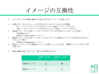 イメージの互換性
•

インスタンスがVMかBMかを気にせず同じイメージを使いたい

•

必要なカーネルモジュールが含まれているかどうかが主な問題
–
–

•

VM用イメージには実ハードウェアのドライバが含まれていないことが多い
–
–

•

実ハードウェアのドライバが含まれていないとBMインスタンスでは不可
仮想ハードウェアのドライバが含まれていないとVMインスタンスでは不可
容量削減のため
Ubuntuではlinux-virtualパッケージ

BM用イメージには実ハードウェアのドライバとVM向けドライバの両方が含まれて
いることが多い
–

Ubuntuではlinux-genericパッケージ

•

VMインスタンスでもBM用イメージを使うことにすれば一種類のイメージだけで両
方使える

•

VMとBMの違いはドライバ層でほぼ吸収される
VMインスタン
ス

BMインスタン
ス

VM用イメージ

○

×

BM用イメージ

○

○

 