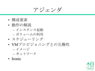アジェンダ
• 構成要素
• 動作の解説
– インスタンス起動
– ボリュームの利用

• スケジューリング
• VMプロビジョニングとの互換性
– イメージ
– ネットワーク

• Ironic

 