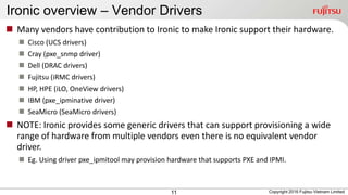 Ironic overview – Vendor Drivers
11
 Many vendors have contribution to Ironic to make Ironic support their hardware.
 Cisco (UCS drivers)
 Cray (pxe_snmp driver)
 Dell (DRAC drivers)
 Fujitsu (iRMC drivers)
 HP, HPE (iLO, OneView drivers)
 IBM (pxe_ipminative driver)
 SeaMicro (SeaMicro drivers)
 NOTE: Ironic provides some generic drivers that can support provisioning a wide
range of hardware from multiple vendors even there is no equivalent vendor
driver.
 Eg. Using driver pxe_ipmitool may provision hardware that supports PXE and IPMI.
Copyright 2016 Fujitsu Vietnam Limited
 