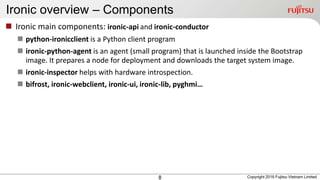 Ironic overview – Components
8
 Ironic main components: ironic-api and ironic-conductor
 python-ironicclient is a Python client program
 ironic-python-agent is an agent (small program) that is launched inside the Bootstrap
image. It prepares a node for deployment and downloads the target system image.
 ironic-inspector helps with hardware introspection.
 bifrost, ironic-webclient, ironic-ui, ironic-lib, pyghmi…
Copyright 2016 Fujitsu Vietnam Limited
 