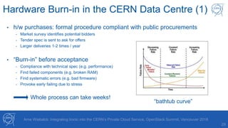 29
Arne Wiebalck: Integrating Ironic into the CERN’s Private Cloud Service, OpenStack Summit, Vancouver 2018
• h/w purchases: formal procedure compliant with public procurements
- Market survey identifies potential bidders
- Tender spec is sent to ask for offers
- Larger deliveries 1-2 times / year
• “Burn-in” before acceptance
- Compliance with technical spec (e.g. performance)
- Find failed components (e.g. broken RAM)
- Find systematic errors (e.g. bad firmware)
- Provoke early failing due to stress
Whole process can take weeks!
Hardware Burn-in in the CERN Data Centre (1)
“bathtub curve”
 