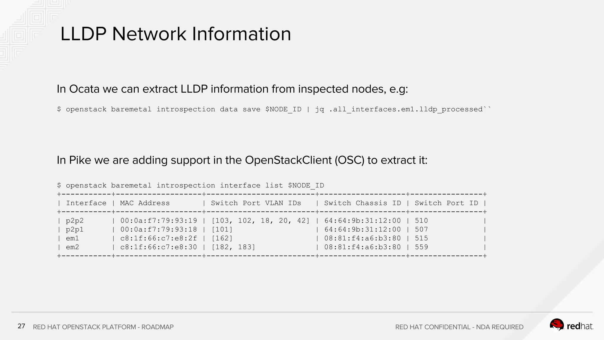 $ openstack baremetal introspection data save $NODE_ID | jq .all_interfaces.em1.lldp_processed``
$ openstack baremetal introspection interface list $NODE_ID
+-----------+-------------------+------------------------+-------------------+----------------+
| Interface | MAC Address | Switch Port VLAN IDs | Switch Chassis ID | Switch Port ID |
+-----------+-------------------+------------------------+-------------------+----------------+
| p2p2 | 00:0a:f7:79:93:19 | [103, 102, 18, 20, 42] | 64:64:9b:31:12:00 | 510 |
| p2p1 | 00:0a:f7:79:93:18 | [101] | 64:64:9b:31:12:00 | 507 |
| em1 | c8:1f:66:c7:e8:2f | [162] | 08:81:f4:a6:b3:80 | 515 |
| em2 | c8:1f:66:c7:e8:30 | [182, 183] | 08:81:f4:a6:b3:80 | 559 |
+-----------+-------------------+------------------------+-------------------+----------------+
 