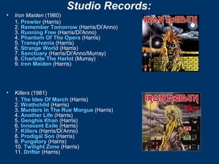 Studio Records:
•

Iron Maiden (1980)
1. Prowler (Harris)
2. Remember Tomorrow (Harris/Di'Anno)
3. Running Free (Harris/Di'Anno)
4. Phantom Of The Opera (Harris)
5. Transylvania (Harris)
6. Strange World (Harris)
7. Sanctuary (Harris/Di'Anno/Murray)
8. Charlotte The Harlot (Murray)
9. Iron Maiden (Harris)

•

Killers (1981)
1. The Ides Of March (Harris)
2. Wrathchild (Harris)
3. Murders In The Rue Morgue (Harris)
4. Another Life (Harris)
5. Genghis Khan (Harris)
6. Innocent Exile (Harris)
7. Killers (Harris/Di'Anno)
8. Prodigal Son (Harris)
9. Purgatory (Harris)
10. Twilight Zone (Harris)
11. Drifter (Harris)

 