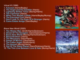 Virtual XI (1998)
1. Futureal (Harris/Bayley)
2. The Angel and the Gambler (Harris)
3. Lightning Strikes Twice (Murray/Harris)
4. The Clansman (Harris)
5. When Two Worlds Collide (Harris/Bayley/Murray)
6. The Educated Fool (Harris)
7. Don't Look To The Eyes Of A Stranger (Harris)
8. Como Estais Amigo (Gers/Bayley)

Brave New World (2000)
1. The Wicker Man (Smith/Harris/Dickinson)
2. Ghost Of The Navigator (Gers/Dickinson/Harris)
3. Brave New World (Murray/Harris/Dickinson)
4. Blood Brothers (Harris)
5. The Mercenary (Gers/Harris)
6. Dream Of Mirrors (Gers/Harris)
7. The Fallen Angel (Smith/Harris)
8. The Nomad (Murray/Harris)
9. Out Of The Silent Planet (Gers/Dickinson/Harris)
10. The Thin Line Between Love & Hate (Murray/Harris)

 