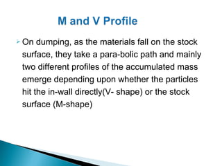  On  dumping, as the materials fall on the stock
 surface, they take a para-bolic path and mainly
 two different profiles of the accumulated mass
 emerge depending upon whether the particles
 hit the in-wall directly(V- shape) or the stock
 surface (M-shape)
 