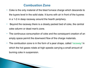    Coke is the only material of the blast furnace charge which descends to
    the tuyere level in the solid state. It burns with air in front of the tuyeres
    in a 1-2 m deep raceway around the hearth periphery.
   Beyond the raceway there is a closely packed bed of coke, the central
    coke column or dead man's zone.
   The continuous consumption of coke and the consequent creation of an
    empty space permit the downward flow of the charge materials.
   The combustion zone is in the form of a pear shape, called 'raceway' in
    which the hot gases rotate at high speeds carrying a small amount of
    burning coke in suspension.
 