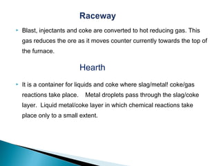    Blast, injectants and coke are converted to hot reducing gas. This
    gas reduces the ore as it moves counter currently towards the top of
    the furnace.

                            Hearth
   It is a container for liquids and coke where slag/metal! coke/gas
    reactions take place.    Metal droplets pass through the slag/coke
    layer. Liquid metal/coke layer in which chemical reactions take
    place only to a small extent.
 