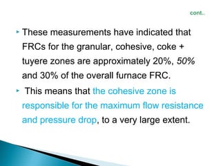    These measurements have indicated that
    FRCs for the granular, cohesive, coke +
    tuyere zones are approximately 20%, 50%
    and 30% of the overall furnace FRC.
   This means that the cohesive zone is
    responsible for the maximum flow resistance
    and pressure drop, to a very large extent.
 