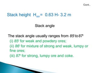 Stack height Hstack = 0.63 H- 3.2 m

                Stack angle

The stack angle usually ranges from 850 to 870
 (i) 850 for weak and powdery ores;
 (ii) 860 for mixture of strong and weak, lumpy or
 fine ores;
 (iii) 870 for strong, lumpy ore and coke.
 