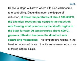 Hence, a stage will arrive where diffusion will become
    rate-controlling. Depending upon the degree of
    reduction, at lower temperatures of about 500-600°C,
    the chemical reaction rate controls the reduction
    rate forming what is known as the kinetic region in
    the blast furnace. At temperatures above 600°C,
    gaseous diffusion becomes the dominant rate
    controlling mechanism. The temperature regime in the
    blast furnace shaft is such that it can be assumed a zone
    of mixed-control exists.

 