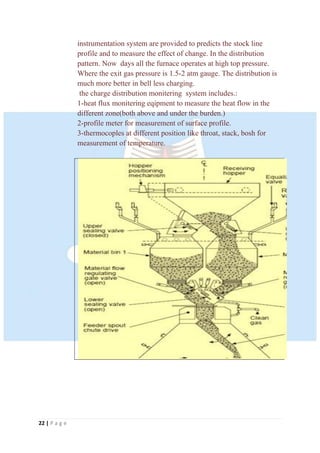 22 | P a g e
instrumentation system are provided to predicts the stock line
profile and to measure the effect of change. In the distribution
pattern. Now days all the furnace operates at high top pressure.
Where the exit gas pressure is 1.5-2 atm gauge. The distribution is
much more better in bell less charging.
the charge distribution monitering system includes.:
1-heat flux monitering eqipment to measure the heat flow in the
different zone(both above and under the burden.)
2-profile meter for measurement of surface profile.
3-thermocoples at different position like throat, stack, bosh for
measurement of temperature.
 
