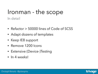 Christoph Reinartz - @pistenprinz
Ironman - the scope 
In detail
• Refactor > 50000 lines of Code of SCSS
• Adapt dozens of templates
• Keep IE8 support
• Remove 1200 Icons
• Extensive (Device-)Testing
• In 4 weeks!
 