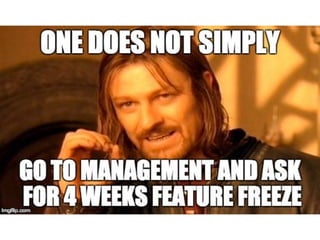 Code / Process Audits
How to tell management that you need you need 4 weeks of feature
freeze and the User Interface will exactly look the same afterwards?
 