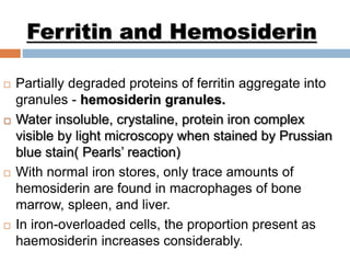 Ferritin and Hemosiderin
 Partially degraded proteins of ferritin aggregate into
granules - hemosiderin granules.
 Water insoluble, crystaline, protein iron complex
visible by light microscopy when stained by Prussian
blue stain( Pearls’ reaction)
 With normal iron stores, only trace amounts of
hemosiderin are found in macrophages of bone
marrow, spleen, and liver.
 In iron-overloaded cells, the proportion present as
haemosiderin increases considerably.
 