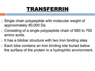  Single chain polypeptide with molecular weight of
approximately 80,000 Da.
 Consisting of a single polypeptide chain of 680 to 700
amino acids.
 It has a bilobar structure with two Iron binding sites
 Each lobe contains an Iron binding site buried below
the surface of the protein in a hydrophilic environment.
TRANSFERRIN
 