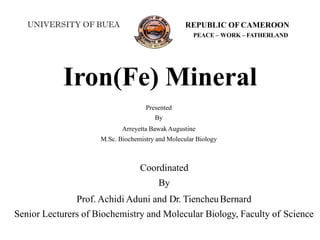 UNIVERSITY OF BUEA REPUBLIC OF CAMEROON
PEACE – WORK – FATHERLAND
Iron(Fe) Mineral
Presented
By
Arreyetta Bawak Augustine
M.Sc. Biochemistry and Molecular Biology
Coordinated
By
Prof. Achidi Aduni and Dr. TiencheuBernard
Senior Lecturers of Biochemistry and Molecular Biology, Faculty of Science
 