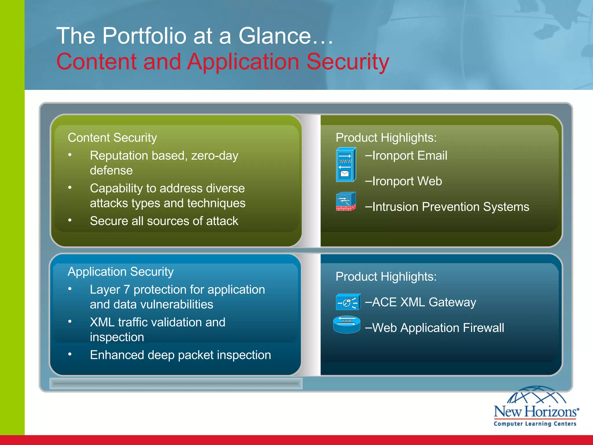 The Portfolio at a Glance… Content and Application Security Content Security Reputation based, zero-day defense Capability to address diverse attacks types and techniques Secure all sources of attack Application Security Layer 7 protection for application  and data vulnerabilities XML traffic validation and inspection Enhanced deep packet inspection Product Highlights: Ironport Email Ironport Web Intrusion Prevention Systems Product Highlights: ACE XML Gateway  Web Application Firewall 
