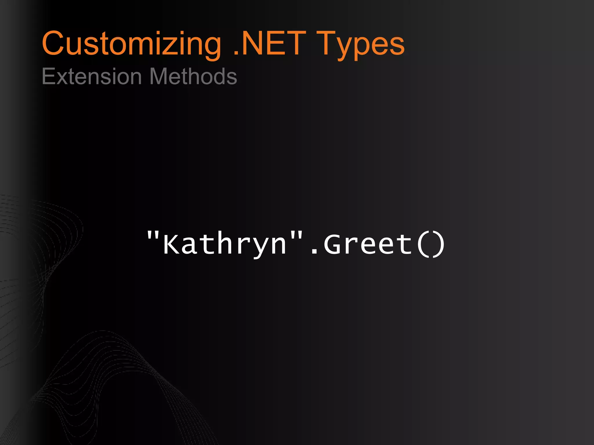 Customizing .NET Types Extension Methods &quot;Kathryn&quot;.Greet() 