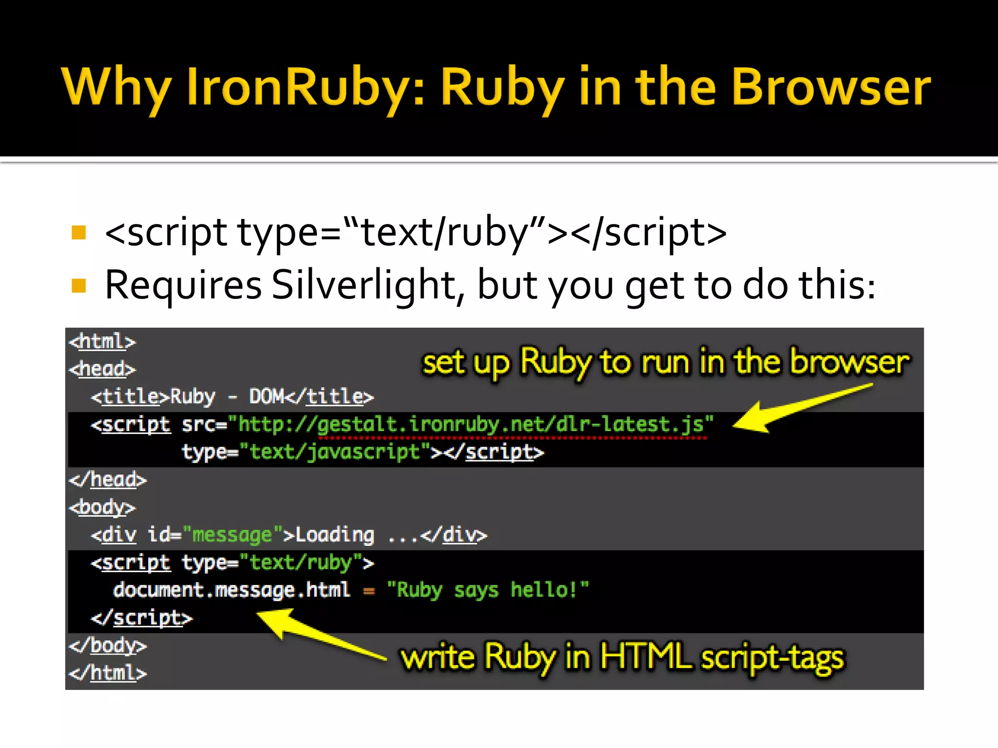    <script type=“text/ruby”></script>
   Requires Silverlight, but you get to do this:
 
