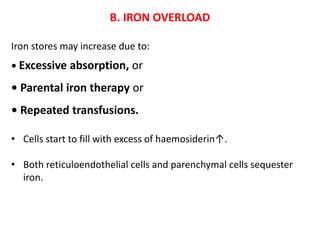 B. IRON OVERLOAD
Iron stores may increase due to:
• Excessive absorption, or
• Parental iron therapy or
• Repeated transfusions.
• Cells start to fill with excess of haemosiderin↑.
• Both reticuloendothelial cells and parenchymal cells sequester
iron.
 