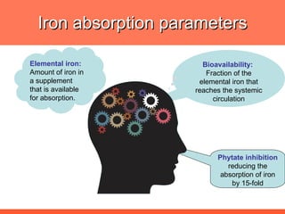 Iron absorption parameters Elemental iron:   Amount of iron in a supplement that is available for absorption. Bioavailability:   Fraction of the elemental iron that reaches the systemic circulation Phytate inhibition  reducing the absorption of iron by 15-fold 