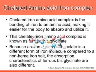 Chelated Amino acid Iron complex Chelated iron amino acid complex is the bonding of iron to an amino acid, making it easier for the body to absorb and utilize it. 1. Bovell-Benjamin AC et al.  Am J Clin Nutr . 2000;71:1563-1569. This chelated iron amino acid complex is known as ferrous bis glycinate  Because an iron amino acid chelate is a different form of iron molecule compared to a non-heme iron salt, the absorption characteristics of ferrous bis glycinate are also different. 