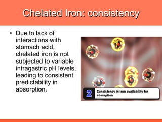 Chelated Iron: consistency Due to lack of interactions with stomach acid, chelated iron is not subjected to variable intragastric pH levels, leading to consistent predictability in absorption. 