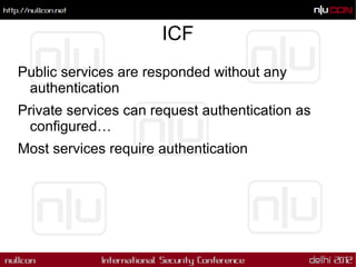 ICF
Public services are responded without any
 authentication
Private services can request authentication as
  configured…...