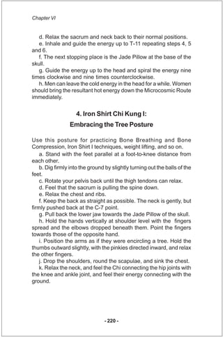 Chapter VI


   d. Relax the sacrum and neck back to their normal positions.
   e. Inhale and guide the energy up to T-11 ...