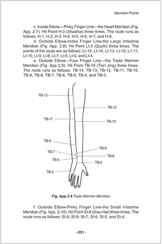 Meridian Points


      c. Inside Elbow—Pinky Finger Line—the Heart Meridian (Fig.
App. 2.7): Hit Point H-3 (Shaohai) thre...