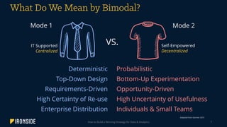 How to Build a Winning Strategy for Data & Analytics 7
Deterministic
Top-Down Design
Requirements-Driven
High Certainty of Re-use
Enterprise Distribution
Probabilistic
Bottom-Up Experimentation
Opportunity-Driven
High Uncertainty of Usefulness
Individuals & Small Teams
Mode 1 Mode 2
VS.IT Supported
Centralized
Self-Empowered
Decentralized
Adapted from Gartner 2015
 