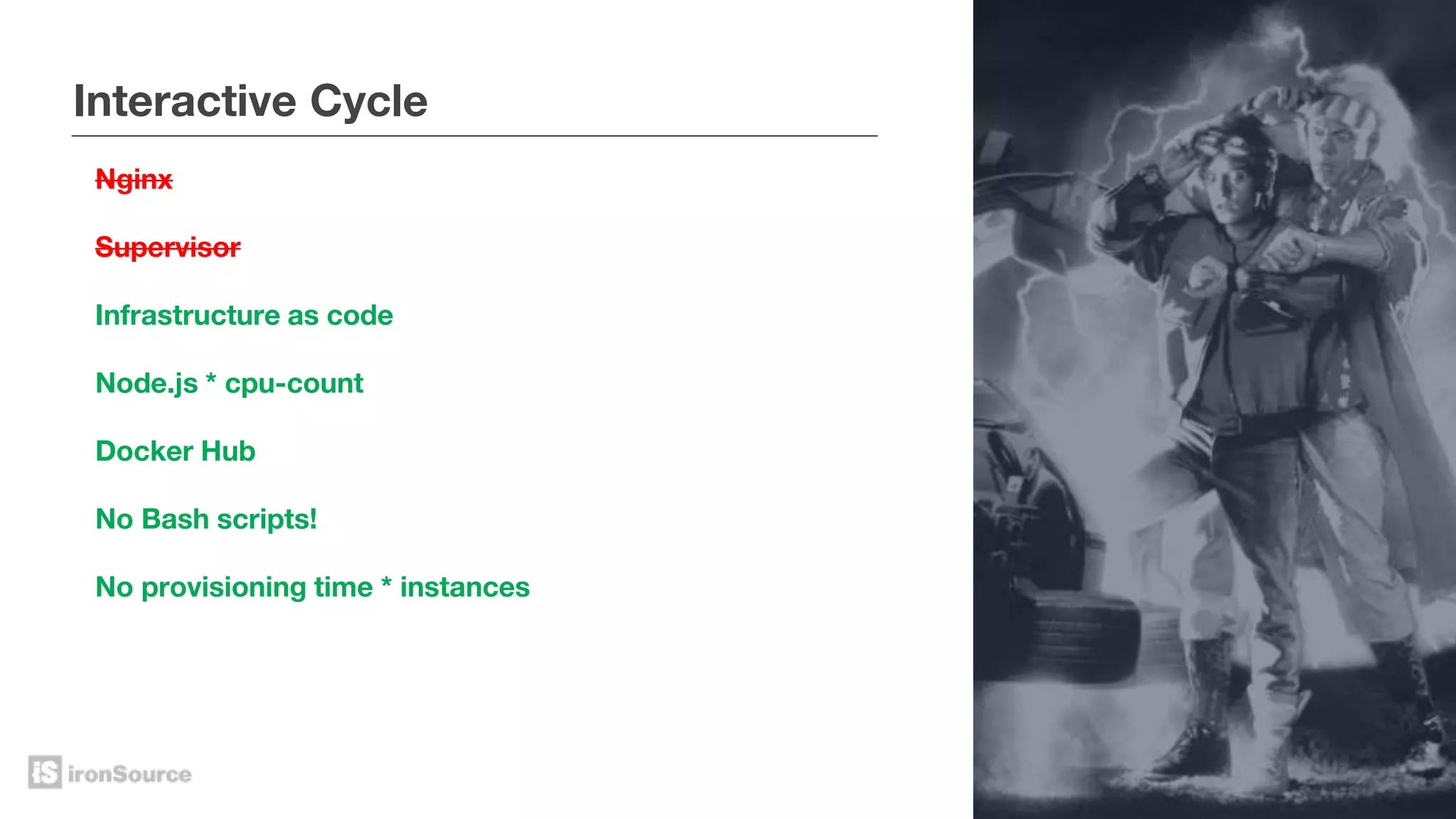 Interactive Cycle
Nginx
Supervisor
Infrastructure as code
Node.js * cpu-count
Docker Hub
No Bash scripts!
No provisioning time * instances
 