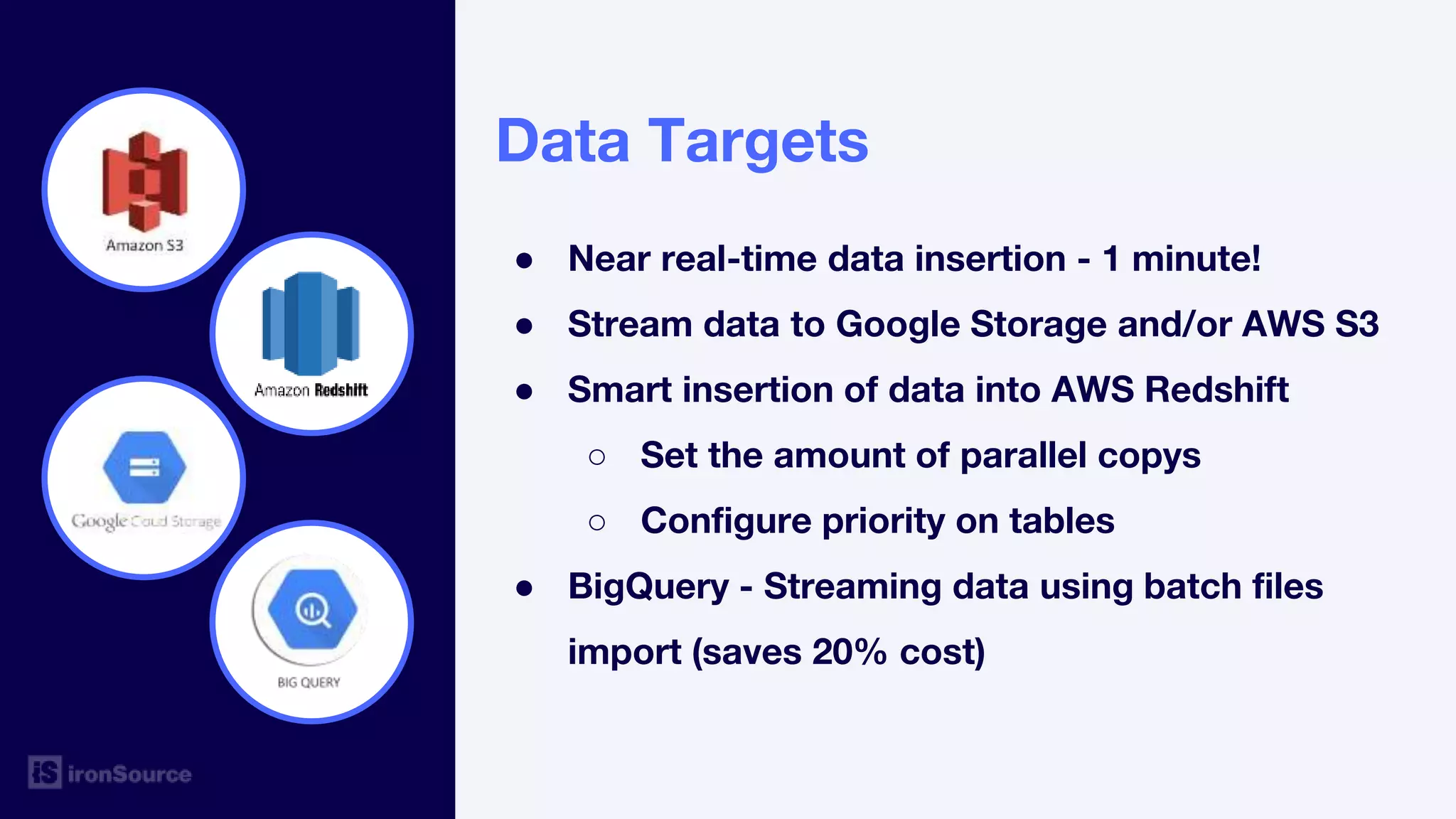 Data Targets
● Near real-time data insertion - 1 minute!
● Stream data to Google Storage and/or AWS S3
● Smart insertion of data into AWS Redshift
○ Set the amount of parallel copys
○ Configure priority on tables
● BigQuery - Streaming data using batch files
import (saves 20% cost)
 
