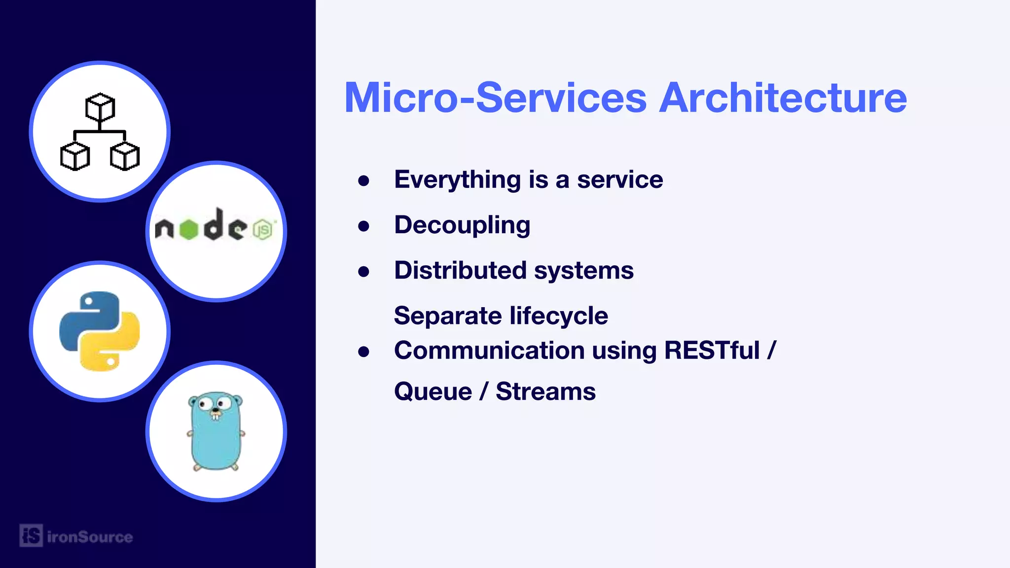Micro-Services Architecture
● Everything is a service
● Decoupling
● Distributed systems
Separate lifecycle
● Communication using RESTful /
Queue / Streams
 