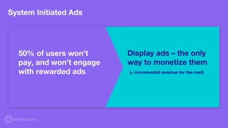 System Initiated Ads
50% of users won’t
pay, and won’t engage
with rewarded ads
Display ads – the only
way to monetize them
(+ incremental revenue for the rest)
 