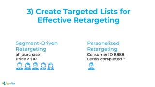 3) Create Targeted Lists for
Effective Retargeting
Segment-Driven
Retargeting
af_purchase
Price > $10
Personalized
Retargeting
Consumer ID 8888
Levels completed 7
 